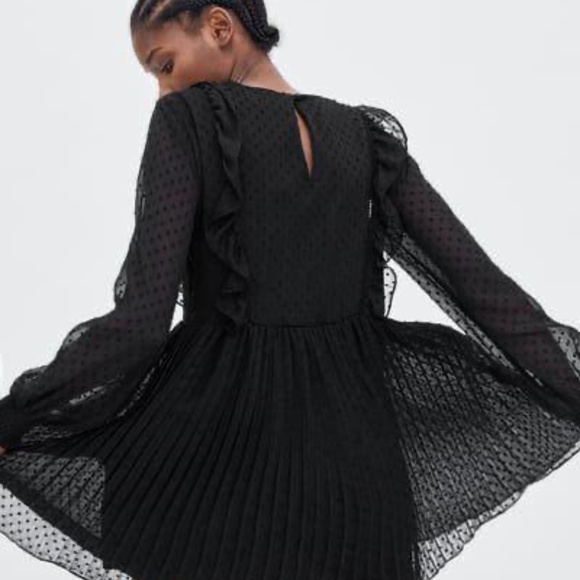 Zara TRF Collection Dress Hunter Green Women's XXL EUC Pleats Swiss Dot - Picture 3 of 6